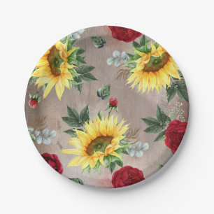 Sonnenblumen und Burgunder Rote Rosen Rustikaler F Pappteller