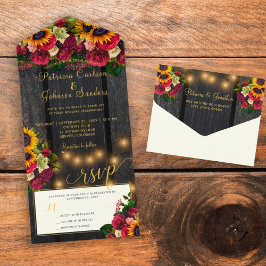 Sonnenblumen und burgundische Rose rustikale Hochz All In One Einladung