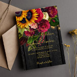 Sonnenblumen und burgundische Rose rustikale Hochz Einladung<br><div class="desc">Elegante schicke Hochzeitsvorlage auf dunkelbraunem Stallholz mit einer schönen gelben Sonnenblume und roten bordeauxfarbenen Rose Bouquet, Streicher aus Tinkeln und Imitaten goldenen Typografie Drehbuch. Einfach mit Ihren Daten personalisieren! Die Einladung eignet sich für elegante Herbst- oder Sommerhochzeiten im rustikalen Hinterhofgarten. - Wenn Sie Hilfe beim Anpassen benötigen, kontaktieren Sie mich...</div>