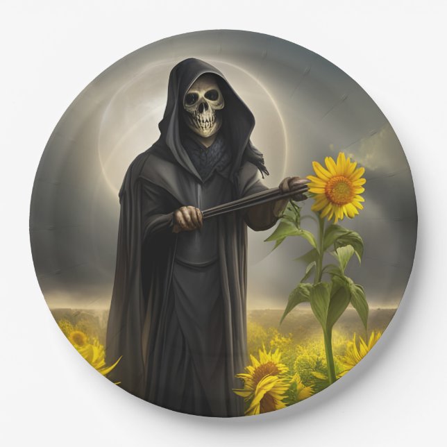 Sonnenblumen und der grimmige Sensenmann Pappteller (Vorderseite)