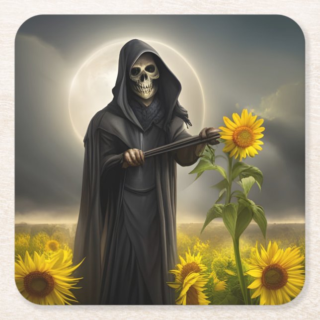 Sonnenblumen und der grimmige Sensenmann Rechteckiger Pappuntersetzer (Vorderseite)