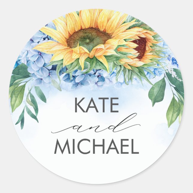 Sonnenblumen und Dusty Blue Hydrangea Blumen Elega Runder Aufkleber (Vorderseite)