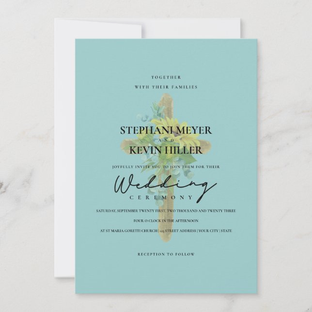 Sonnenblumen und Eukalyptus Aquamarine Hochzeit au Einladung (Vorderseite)