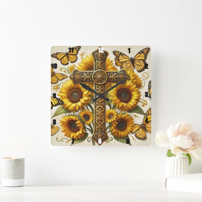 Sonnenblumen und flatternde gelbe Schmetterlinge. Quadratische Wanduhr (Zuhause)