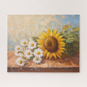 Sonnenblumen und Gänseblümchen auf rustikalem Tisc