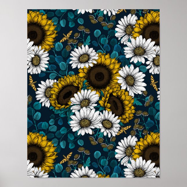 Sonnenblumen und Gänseblumen, Sommergarten 2 Poster (Vorne)