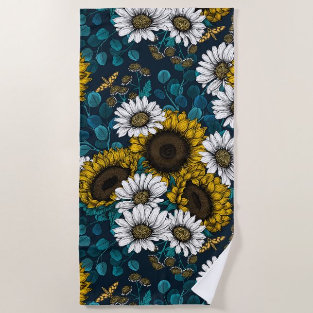 Sonnenblumen und Gänseblumen, Sommergarten 2 Strandtuch (Vorderseite)