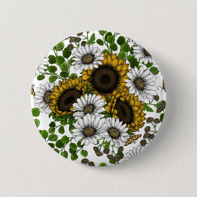 Sonnenblumen und Gänseblumen, Sommergarten 3 Button (Vorderseite)