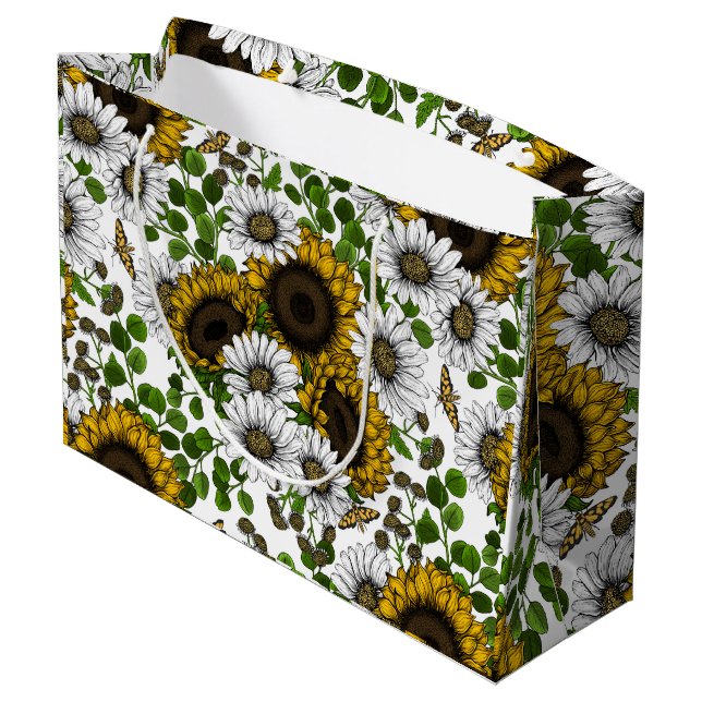 Sonnenblumen und Gänseblumen, Sommergarten 3 Große Geschenktüte (Rückseite Schrägansicht)
