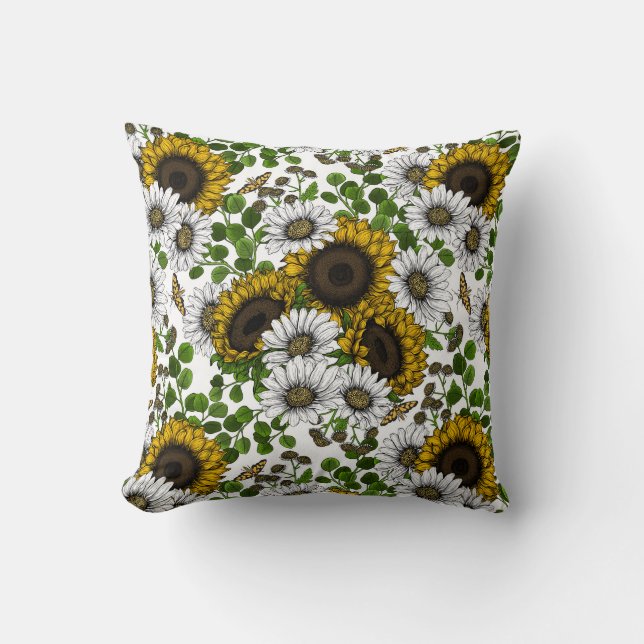 Sonnenblumen und Gänseblumen, Sommergarten 3 Kissen (Vorderseite)