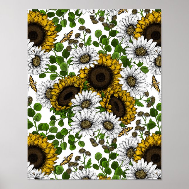 Sonnenblumen und Gänseblumen, Sommergarten 3 Poster (Vorne)