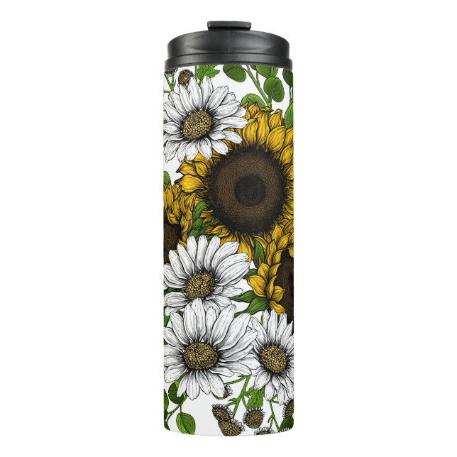 Sonnenblumen und Gänseblumen, Sommergarten 3 Thermosbecher (Vorderseite)