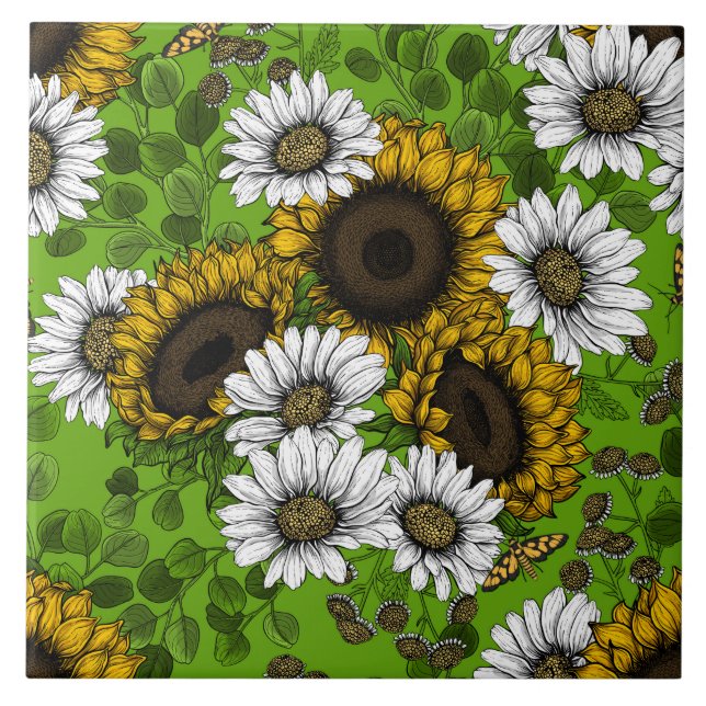Sonnenblumen und Gänseblumen, Sommergarten Fliese (Vorderseite)