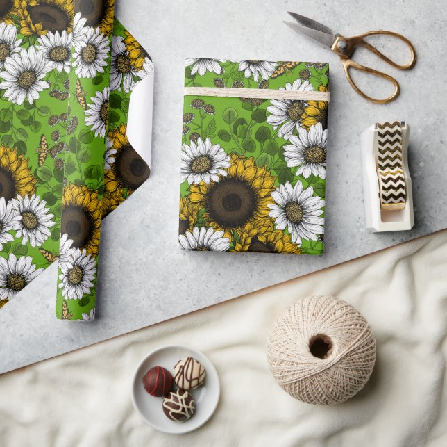 Sonnenblumen und Gänseblumen, Sommergarten Geschenkpapier (Basteln)