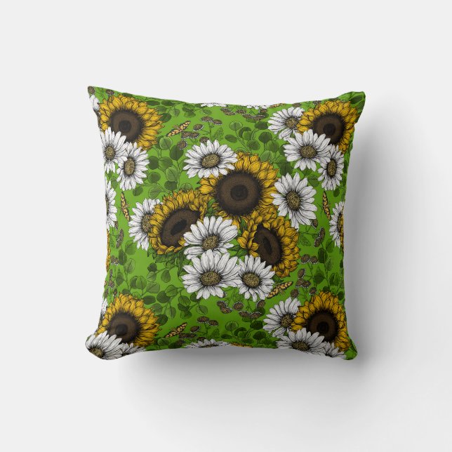 Sonnenblumen und Gänseblumen, Sommergarten Kissen (Vorderseite)