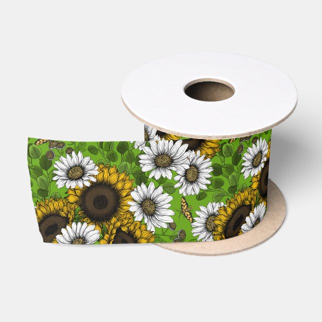 Sonnenblumen und Gänseblumen, Sommergarten Satinband (Spule)