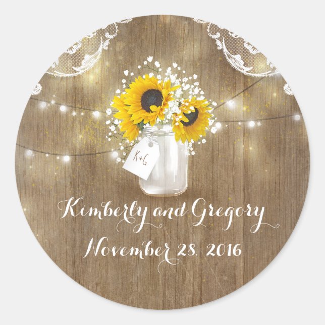 Sonnenblumen und Gipskraut Rustic Mason Jar Runder Aufkleber (Vorderseite)