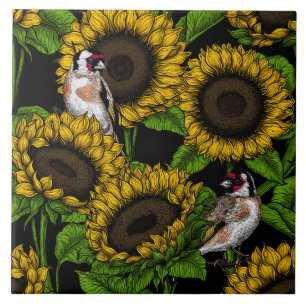 Sonnenblumen und Goldflossen auf schwarz Fliese