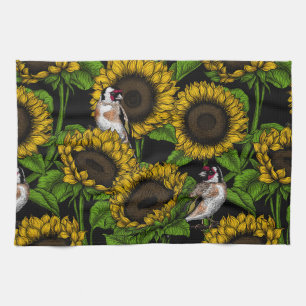 Sonnenblumen und Goldflossen auf schwarz Geschirrtuch