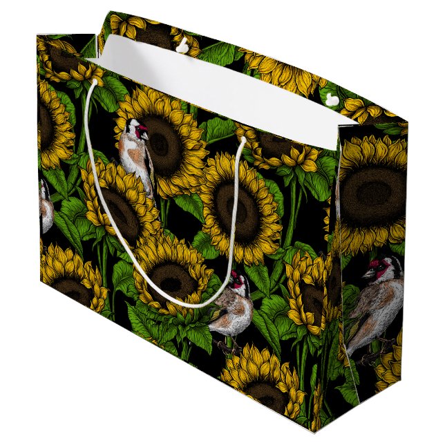Sonnenblumen und Goldflossen auf schwarz Große Geschenktüte (Rückseite Schrägansicht)