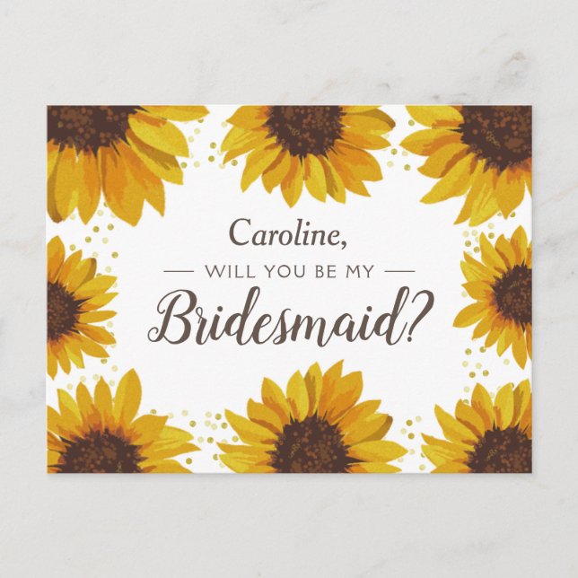 Sonnenblumen und Goldpunkte werden Sie meine Braut Einladungspostkarte (Vorderseite)