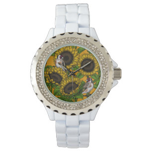 Sonnenblumen und Goldschmuck auf Orange Armbanduhr