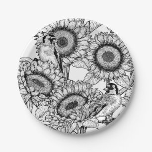 Sonnenblumen und Goldschmuck in Schwarz-Weiß Pappteller