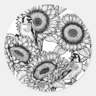 Sonnenblumen und Goldschmuck in Schwarz-Weiß Runder Aufkleber