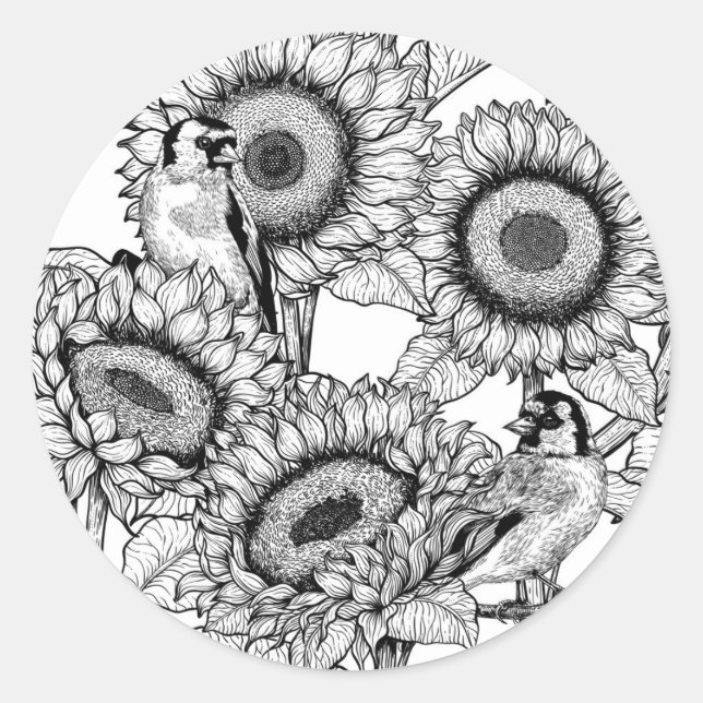 Sonnenblumen und Goldschmuck in Schwarz-Weiß Runder Aufkleber (Vorderseite)