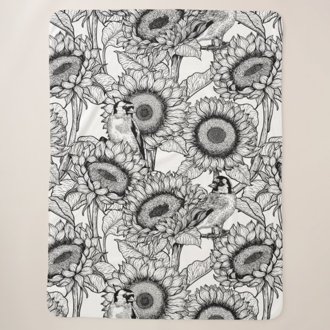 Sonnenblumen und Goldschmuck in Schwarz-Weiß Sherpadecke (Vorderseite)