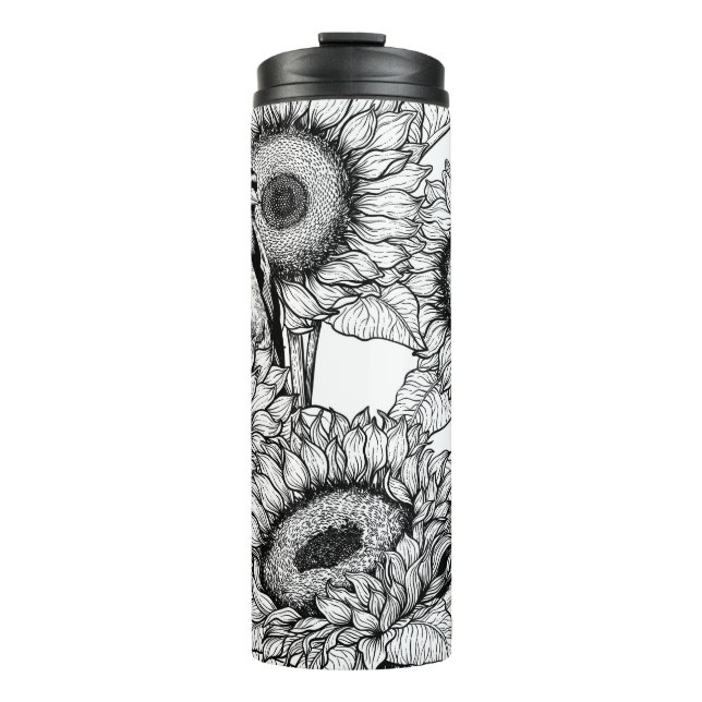Sonnenblumen und Goldschmuck in Schwarz-Weiß Thermosbecher (Vorderseite)
