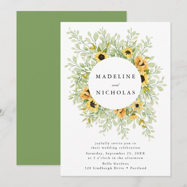 Sonnenblumen und Grüne Hochzeit Einladung (Vorne/Hinten)