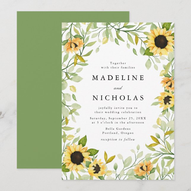 Sonnenblumen und Grüne Hochzeit Einladung (Vorne/Hinten)