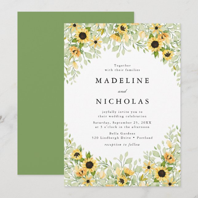 Sonnenblumen und Grüne Hochzeit Einladung (Vorne/Hinten)
