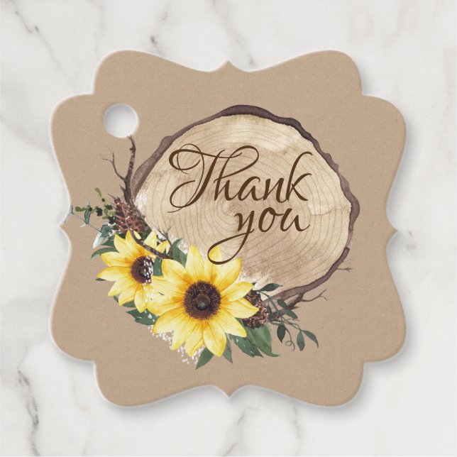 Sonnenblumen und Holz Slice Vielen Dank Geschenkanhänger (Vorderseite)