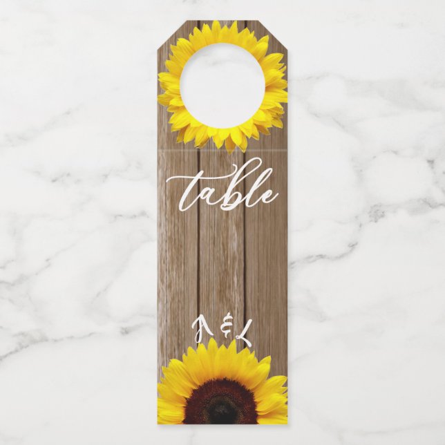 Sonnenblumen und Holzschauen Hochzeitweilig Tischn Flaschenanhänger (Vorderseite)