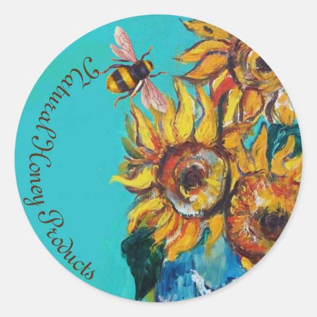 SONNENBLUMEN UND HONEY BIETET BLUMENRÄUME RUNDER AUFKLEBER (Vorderseite)