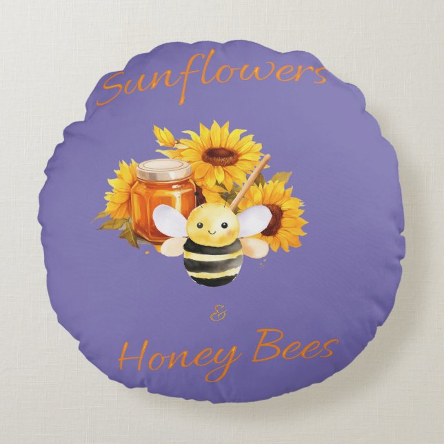 "Sonnenblumen und Honigbienen" Rundes Kissen (Vorderseite)