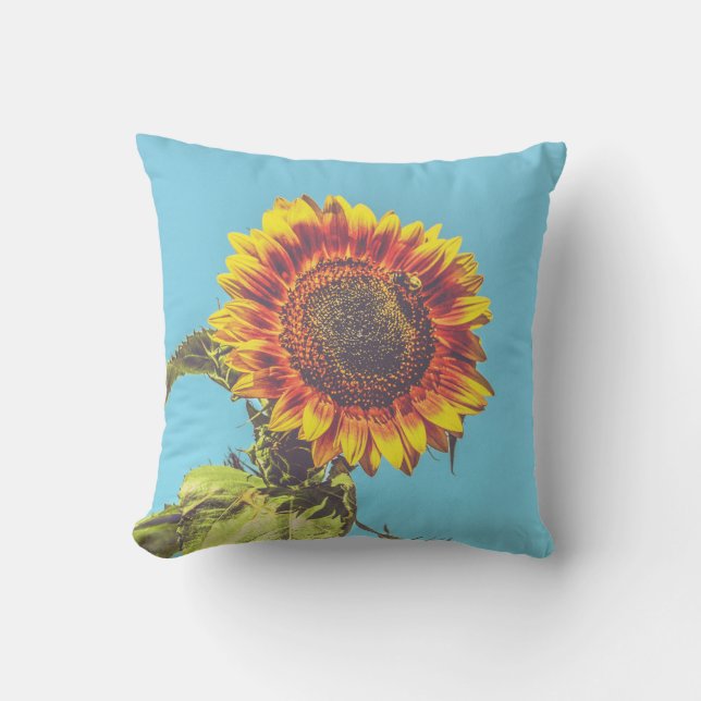 Sonnenblumen und Hummeln Gelbe und Blaue Baumwolle Kissen (Vorderseite)