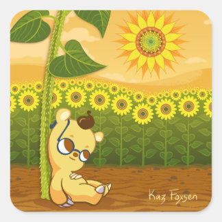 Sonnenblumen und Kawaii-Bär Quadratischer Aufkleber