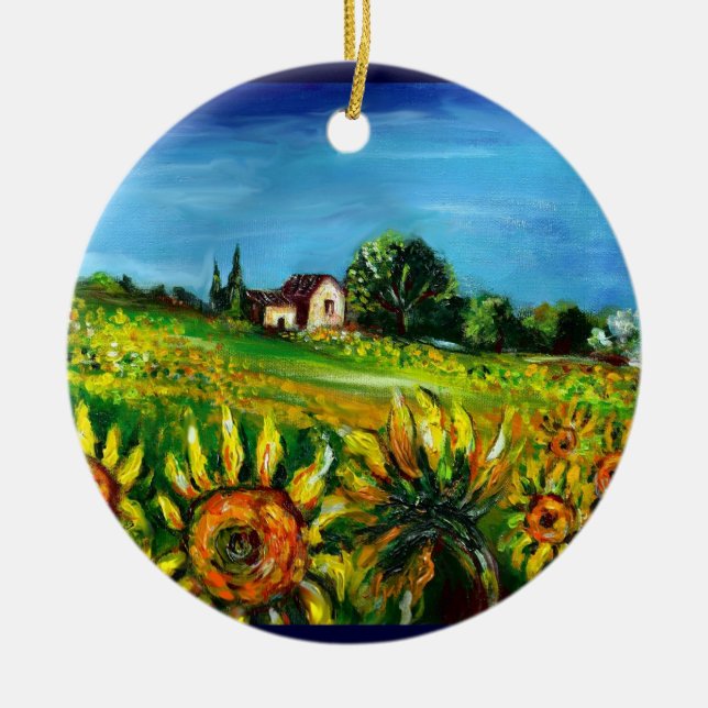SONNENBLUMEN UND LANDSCHAFT IM HERZEN DER Toskana Keramik Ornament (Vorne)