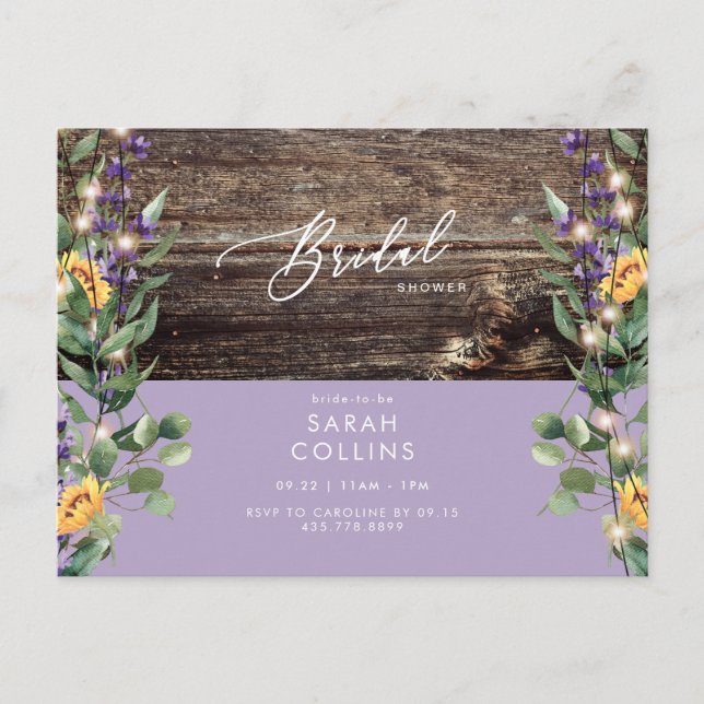 Sonnenblumen und Lavendel Bridal Rustikale Dusche Einladungspostkarte (Vorderseite)