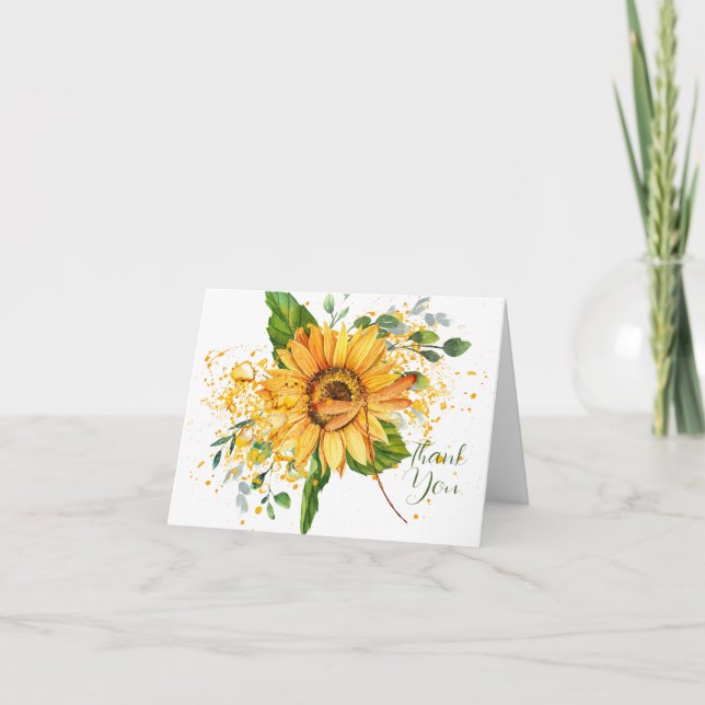 Sonnenblumen und Libellen-Spritzer fallen Dankeskarte (Vorderseite)