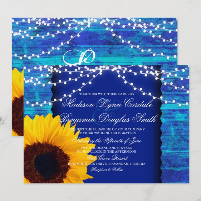Sonnenblumen und Lichter Blauer Hochzeitsempfang Einladung (Vorne/Hinten)