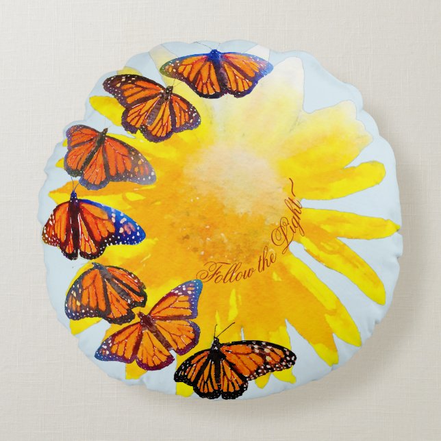 Sonnenblumen und Monarch Butterfly Migration Rundes Kissen (Vorderseite)