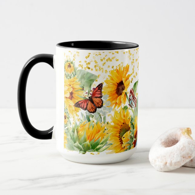 Sonnenblumen und Monarchschmetterlinge Tasse (Mit Donut)