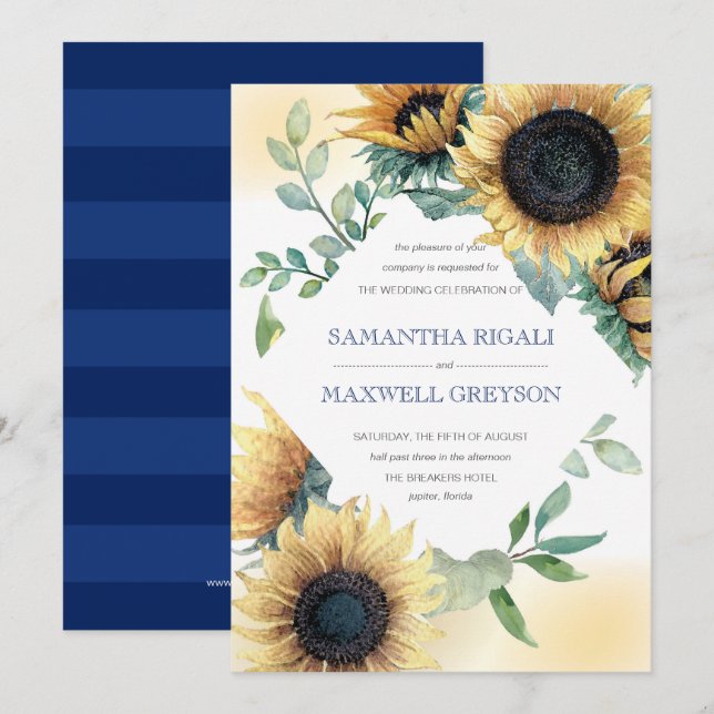 Sonnenblumen und Navy Blue Rustic Wedite Einladung (Vorne/Hinten)