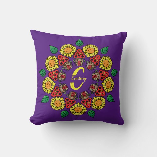 Sonnenblumen und Pilze Personalisiert Mandala Lila Kissen (Vorderseite)