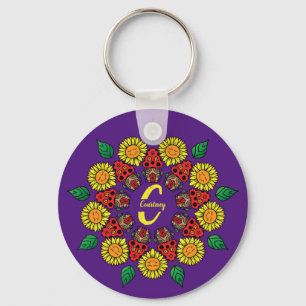 Sonnenblumen und Pilze Personalisiert Mandala Lila Schlüsselanhänger