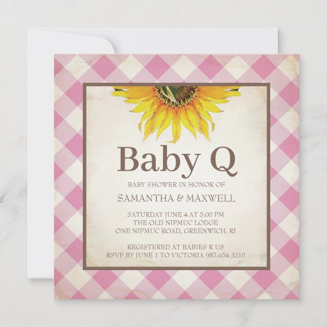 Sonnenblumen und Pink Gingham Baby Dusche Einladung (Vorderseite)
